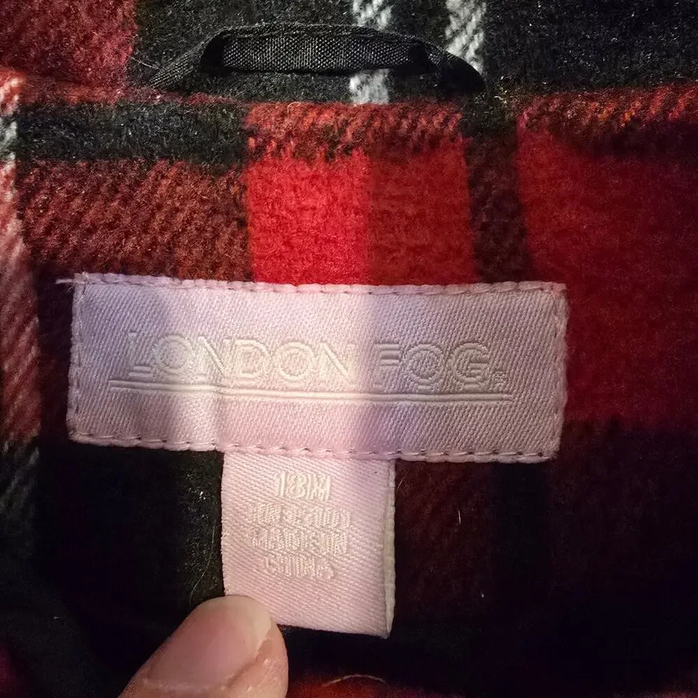 Baby Girl London Fog Red Plaid Wool Blend Full Zip Peacoat | Size 18 Months